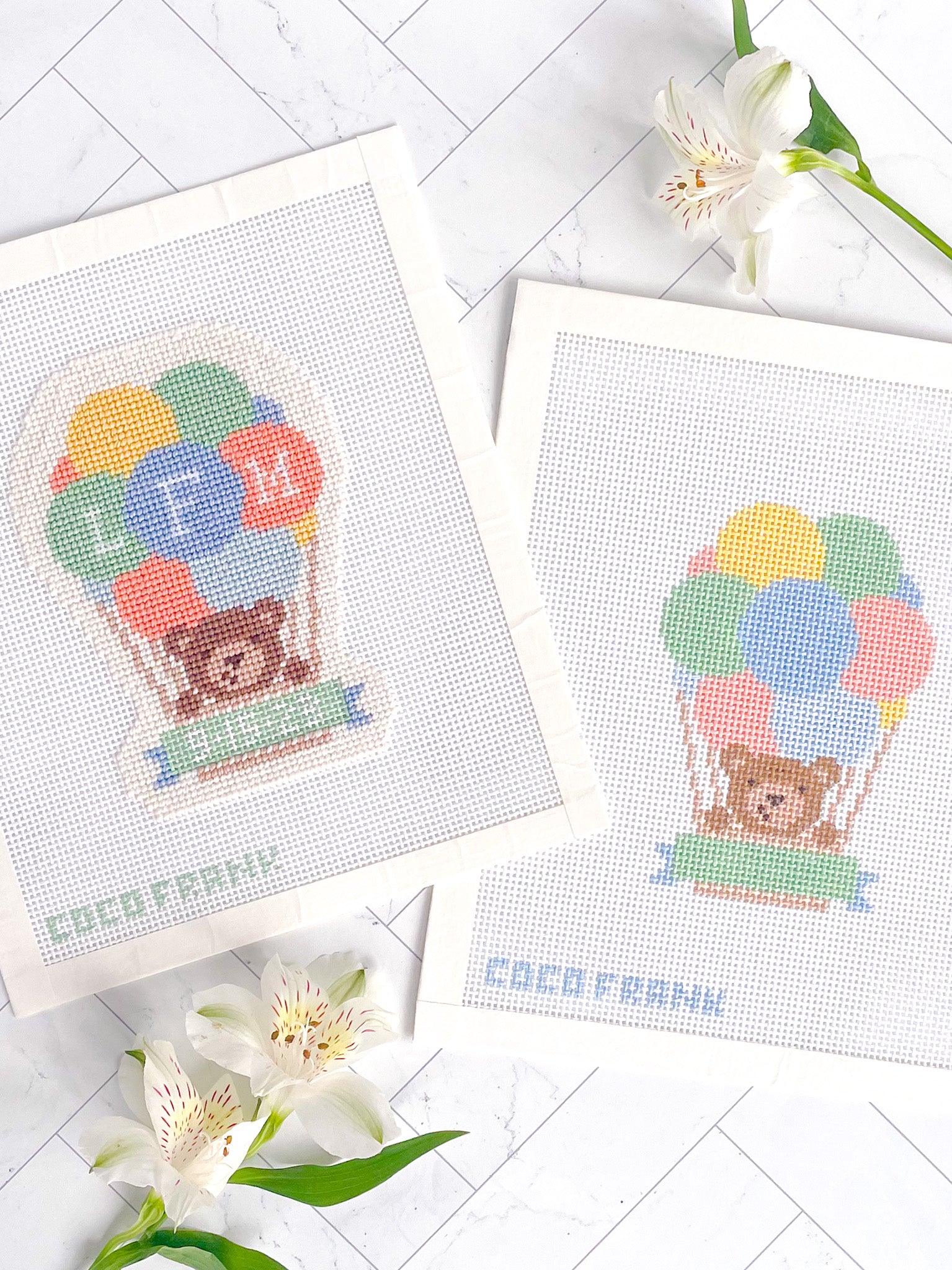 Hot Air Balloon Bear Needlepoint Canvas & Alphabet Chart – Coco